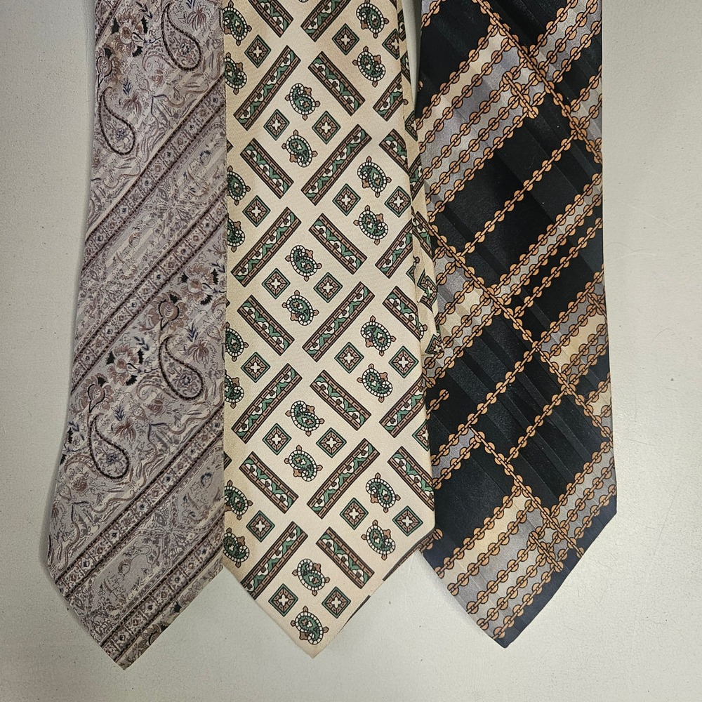 Jacques Fath Paris Mens Silk Tie Lot of 3 Vintage Paisley Geometric Chain France